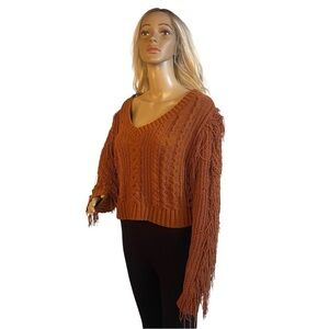 RUE 21 Burnt Orange/Brown V-Neck Cable Knit Fringe Sweater